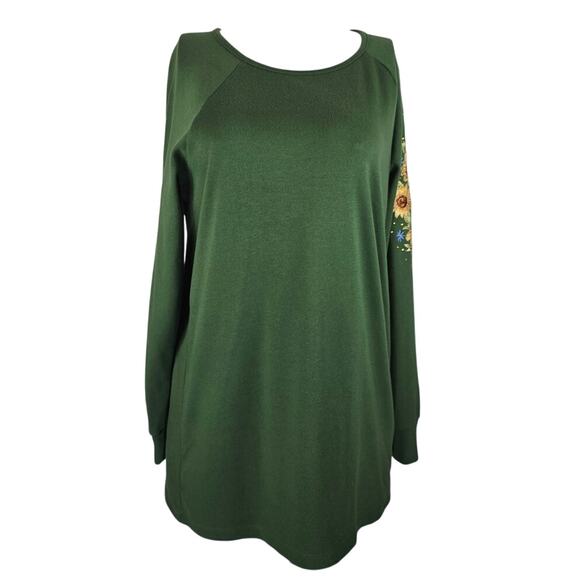 Quacker Factory Green Sun Flower Embroidered Bling Design Long Sleeve Top L - Picture 1 of 6